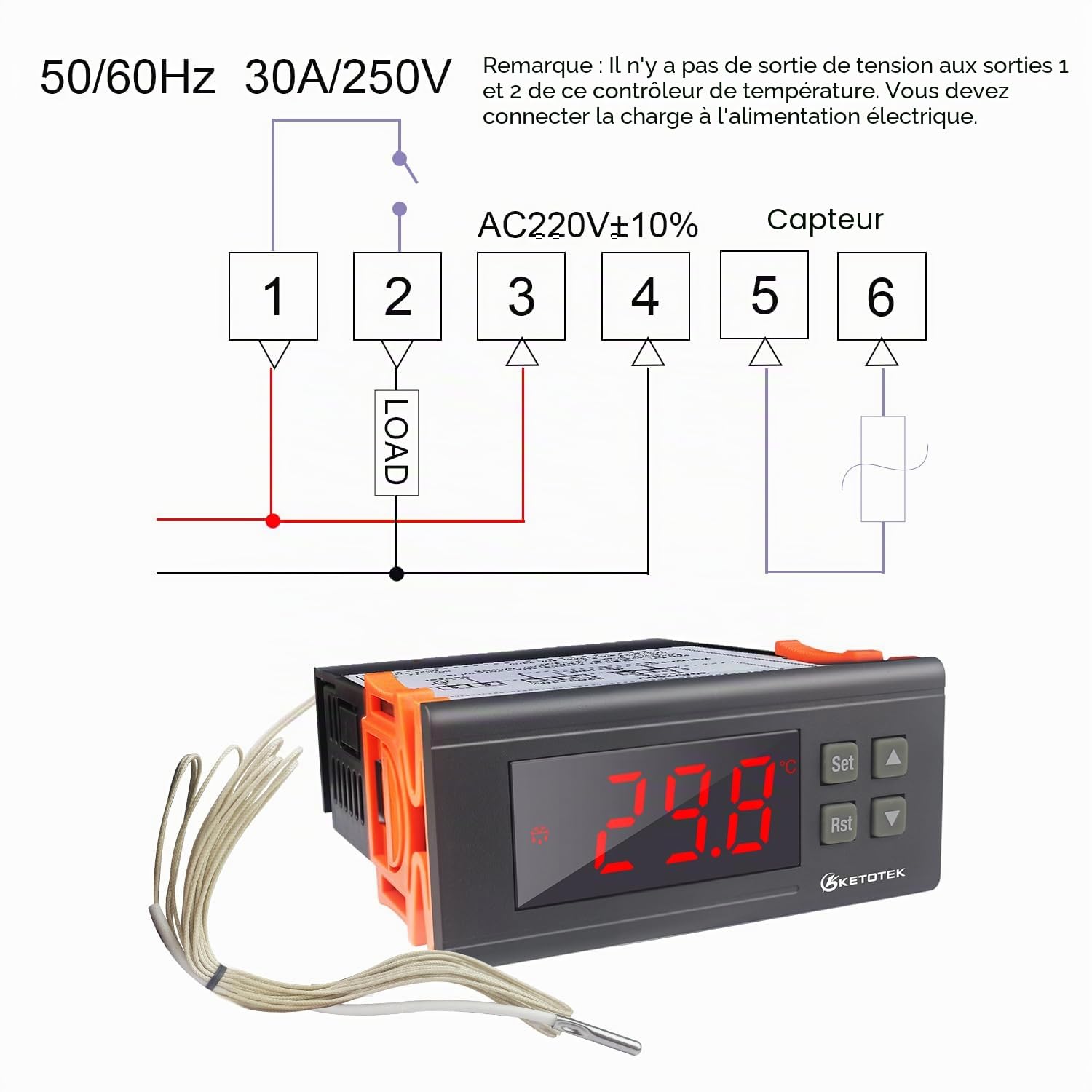 KETOTEK Regulateur de temperature 30℃~300℃ avec sonde, Contrôleur de Thermostat Numerique 220V 30A Relais Incubateur Chauffage Refroidissement