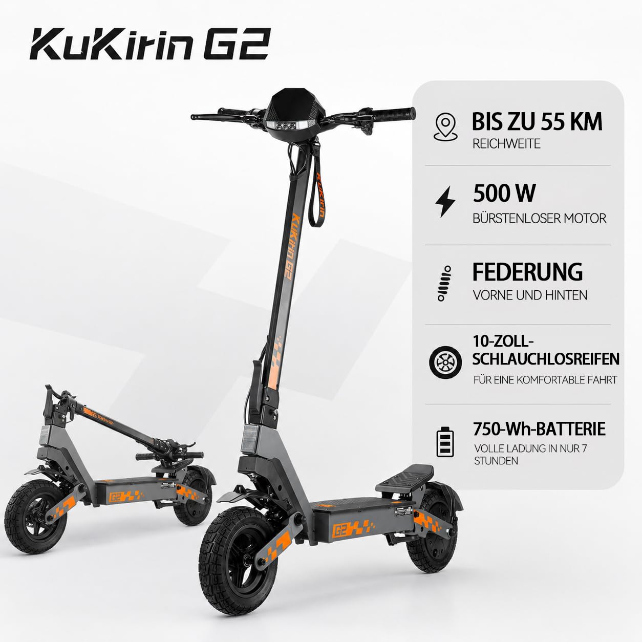 Kukirin E Scooter,Elektro Elektroroller Erwachsene Elektroscooter,E Roller Offroad,Elektro Scooter Roller,Patinete electrico(55 Km Reichweite),G2