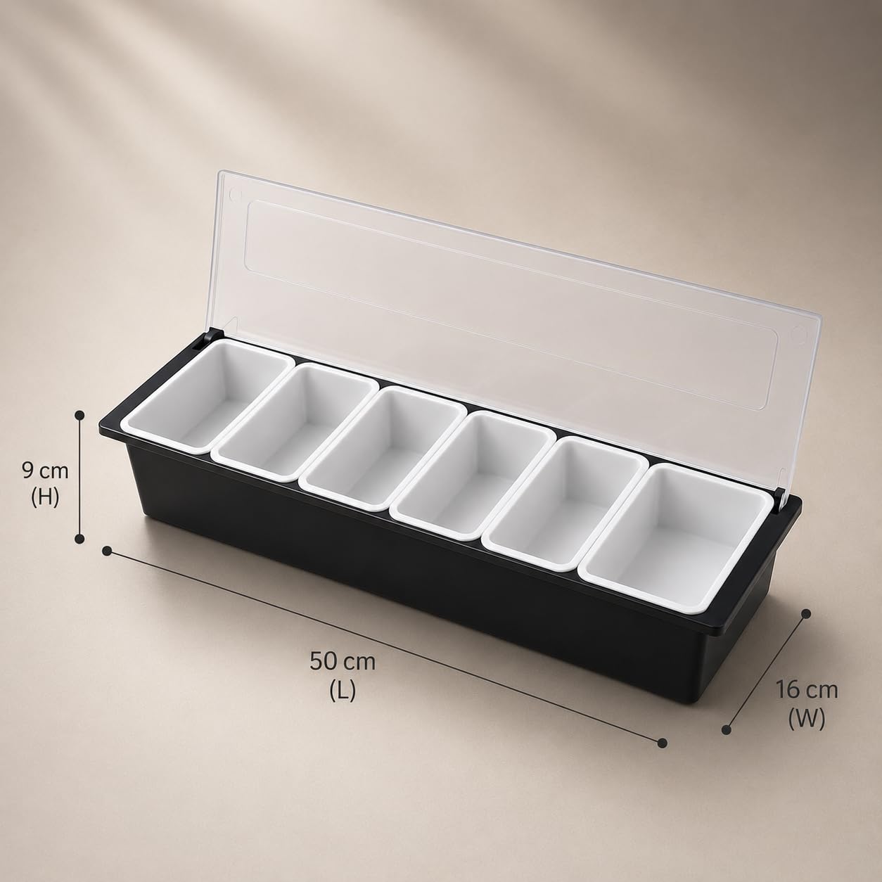 GURUBHAI EQUIPMENTS Commercial Food Condiment Dispenser – 6 GN Pan Salad Bar Station with Transparent Lid | Topping & Sauce Organizer for Restaurants, Cafés & Catering | Garnish Box