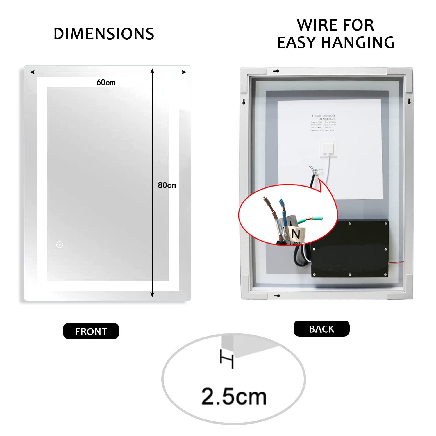 SaniteModar Badspiegel mit Beleuchtung 60x80 cm | Hohe & Dimmbare Helligkeit, kaltweißes Licht, IP44, Vertikal/Horizontal Montierbar