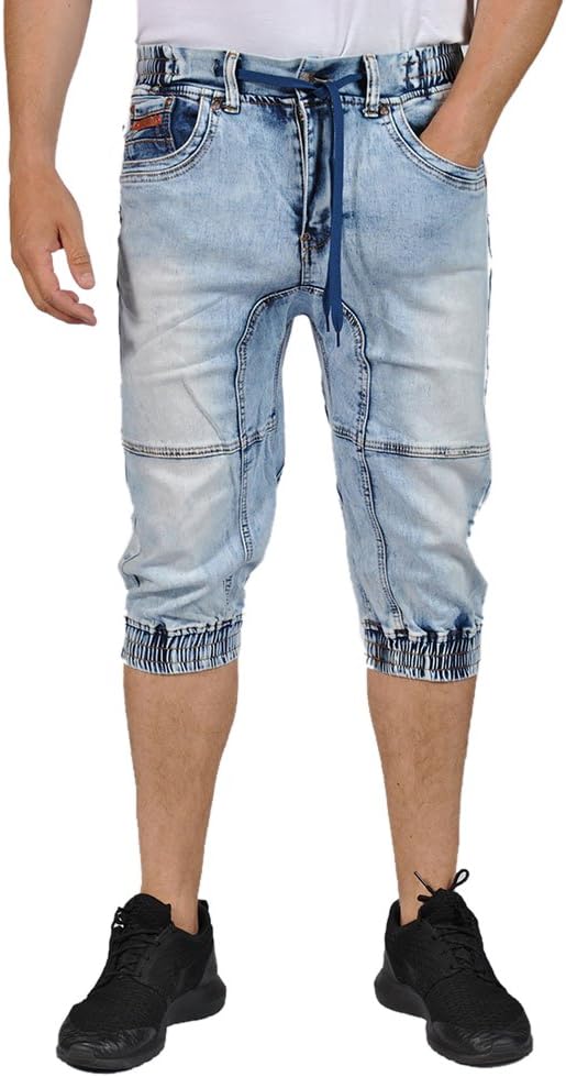Mens Denim Elastic Waist Cuffed Bottom Capri