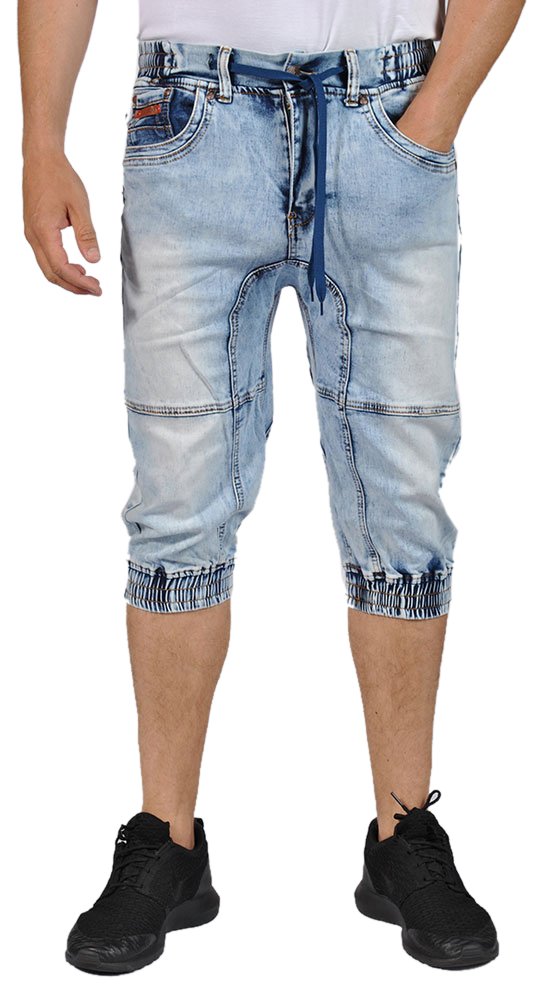 Mens Denim Elastic Waist Cuffed Bottom Capri