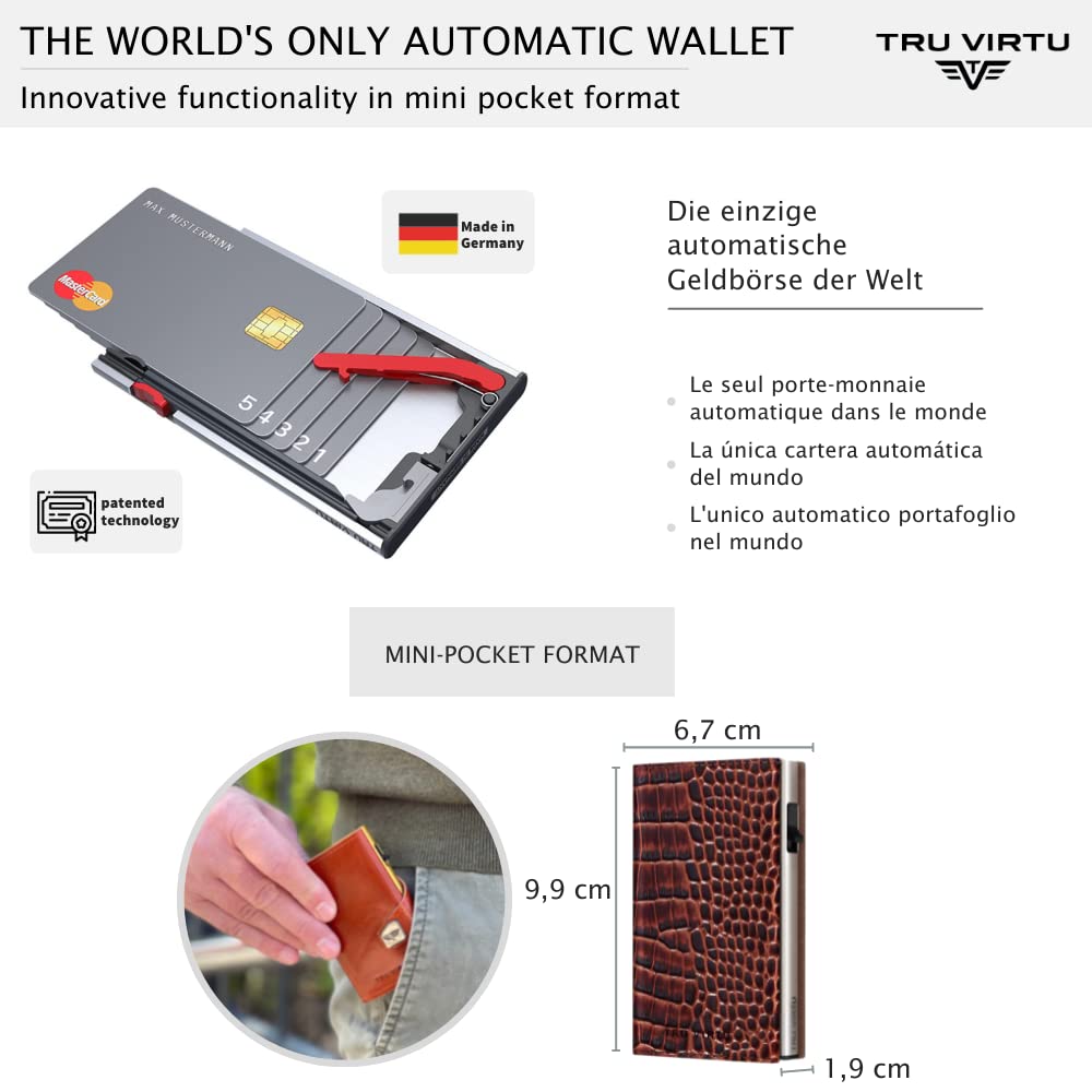 Tru Virtu® Karten-Portemonnaie Click & Slide I Kreditkartenetui I Kartenetui-RFID-NFC-Schutz I Geldbörse aus echtem italienischen Leder I Geldbeutel I Slim Wallet (Sleek Croco Brown/Silver)