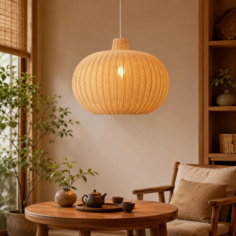 XQIDIANAA Beige Rattan Pendant Light, 21.65" Rattan Chandelier Hand-Woven Boho Pendant Light Fixtures,Basket Wicker Chandelier for Dining Room Kitchen Island Living Room