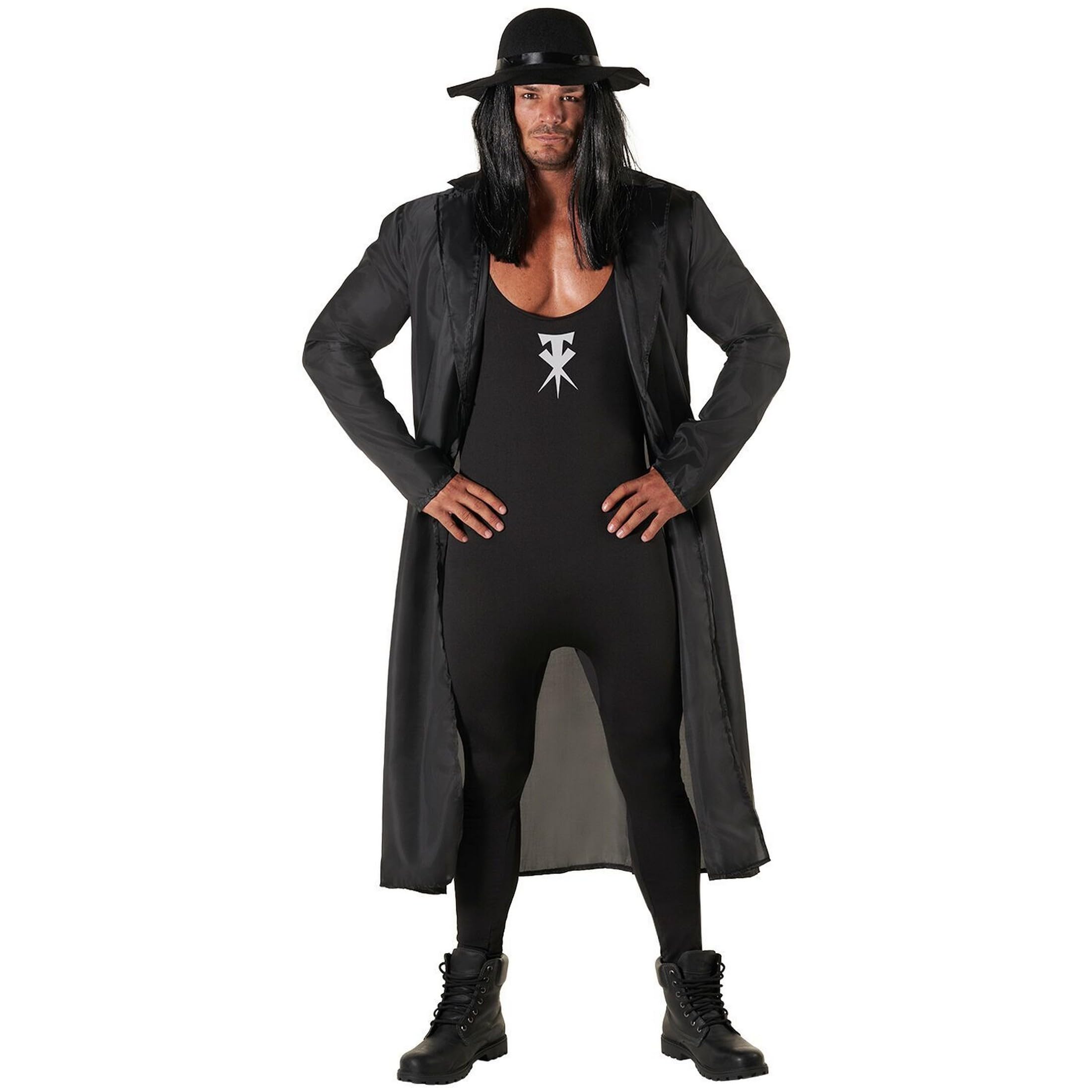 Morph Disfraz WWE Undertaker Enterrador Hombre Lucha Libre Mono Negro Capa Sombrero Despedida Soltero Halloween