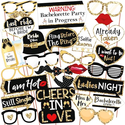 Image of WOBBOX Bachelorette Party Photo Booth Props for Bride & Groom, Bridal Shower Props, Bachelorette Party Decoration, Bride to be Party Decorations Items- Black & Golden Glitter