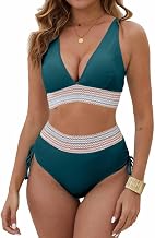 Yutdeng Women's Bikini Set High Reducers Tummy Control Bikini Push Up with Padded V Neck Swimsuit Braided Ribbon Side Straps Biquini Swimsuit Women 2 Pieces Swimsuits
