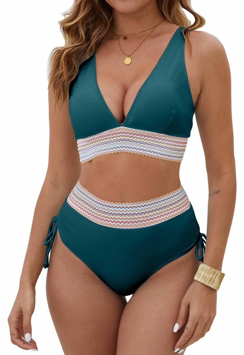 Yutdeng Conjunto Bikini Mujer Braga Alta Reductores Barriga Push Up con Relleno Cuello V Bañador 2 Piezas