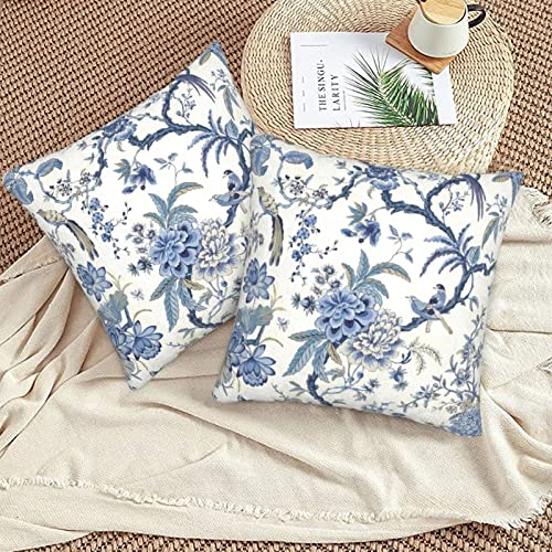 Chinoiserie Blue And White Throw Pillow Covers Set Of 2 Birds Flowers Decorative Pillow Case Outdoor Farmhouse Sofa Cushion Cover For Bed Living Room 18" X 18" #TOP3