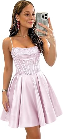 Spaghetti Strap Satin Homecoming Dresses 2026 Sparkly Ruched Short Prom Dress Aline Corset Cocktail Party Gowns