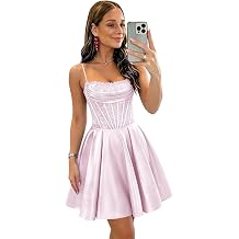 Spaghetti Strap Satin Homecoming Dresses 2026 Sparkly Ruched Short Prom Dress Aline Corset Cocktail Party Gowns
