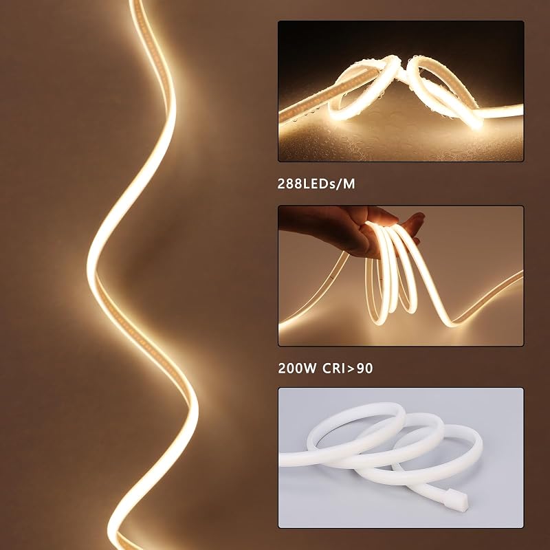 BENLUN 20m IP65 Vízálló COB LED Szalag 3000K Meleg Fehér - Kültéri Flexibilis Vágható 220V Világítás EU Csatlakozóval, Építkezéshez, Hálószo