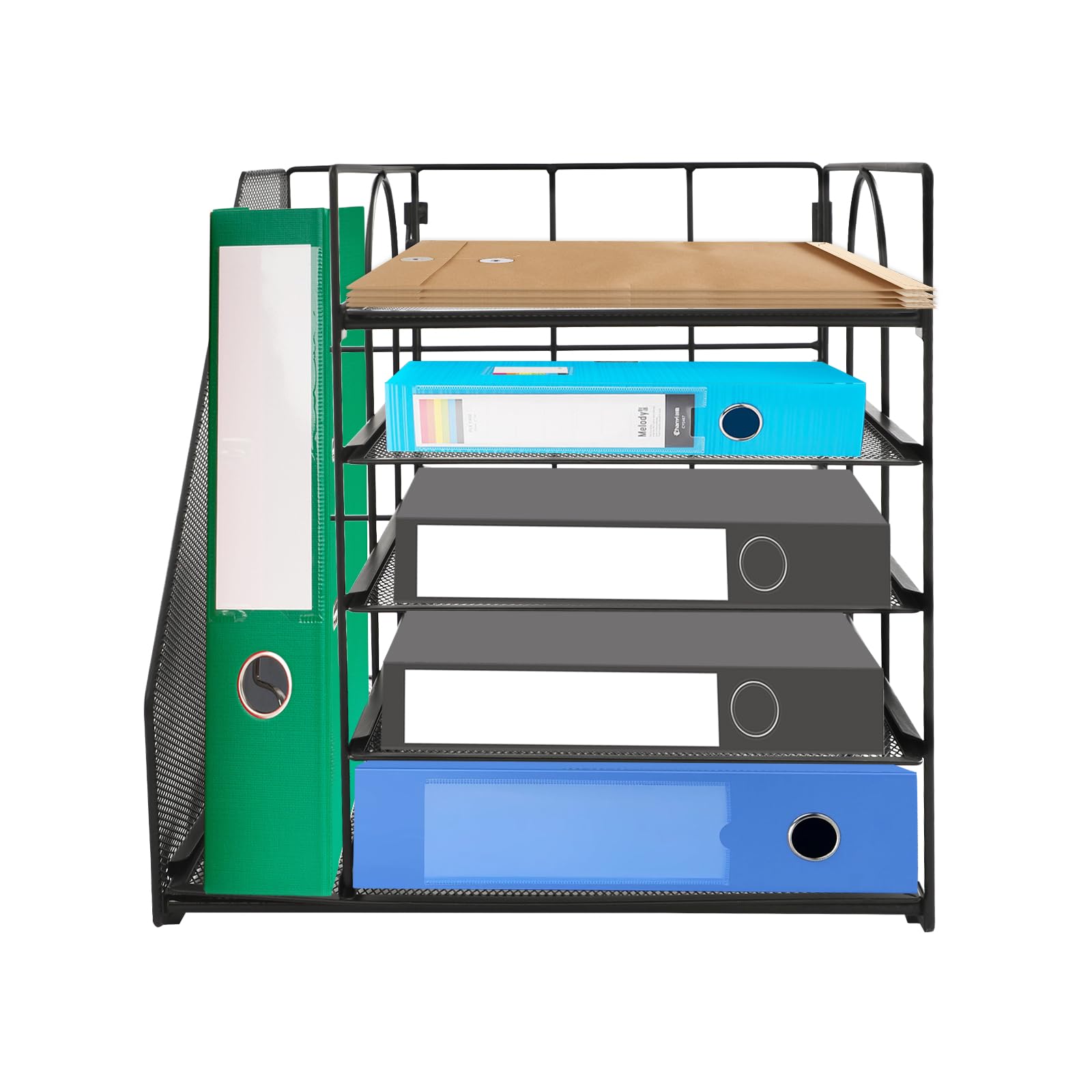 5-stopniowy organizer na biurko z uchwytem na dokumenty, 32 x 31 x 31,5 cm, półka na listy z siateczki, do biura, półka na dokumenty i czasopisma, czarny