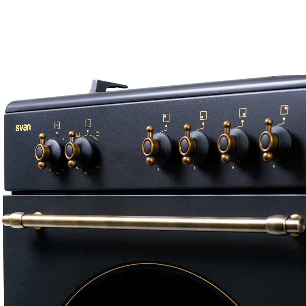 Svan Cocina Gas Butano 4 Zonas de Cocción, Horno 59 L, Rústico negro SKGW4600RN. Control Manual, Quemador WOK triple llama, 2 Programas de Cocción, Cristal en Puerta de Doble Capa, Tapa Abatible