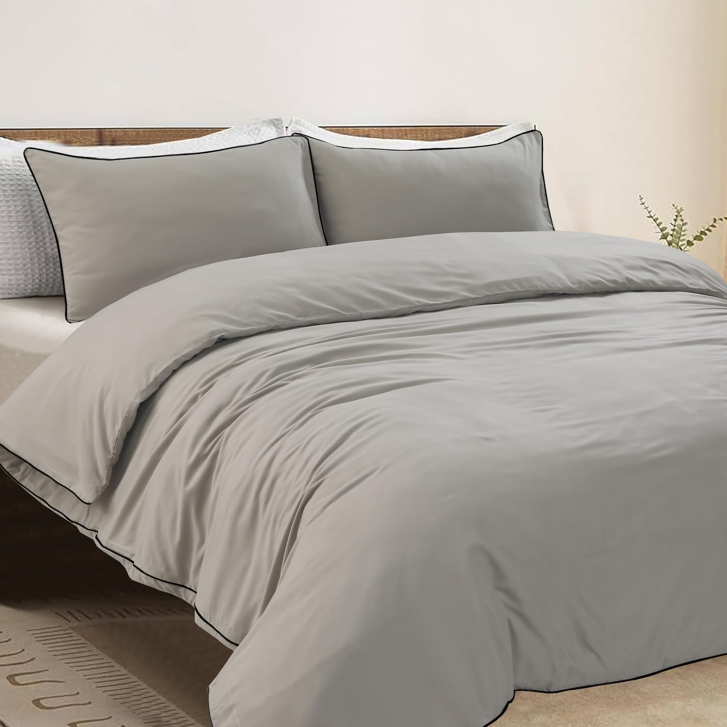Linen Home Double Duvet Cover Sets with Piping finish Soft Microfiber Double Bedding set Including Piped Duvet Cover and 2 Pillowcases (Double, Linen)