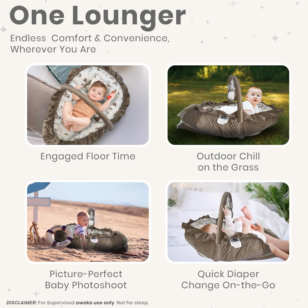 Newborn Lounger Cream - Flexible & Portable w/Infant Support Cushion, Soft & Breathable 100% Cotton - Multi-Use Supervised Baby Lounger for Floor, Travel, Changing Mat Alternative - Premium