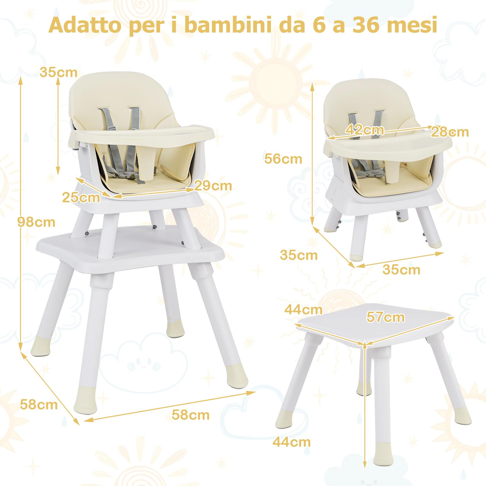 RELAX4LIFE 6 en 1 Trona Bebé con Arnes de 5 Puntos y Cojín Desmontables, Tronas de Bebe Portátil con Bandeja Ajustable y Extraíble, Mesa y Silla Infantil para Niños 6+ Meses, Carga 25kg (Beige)