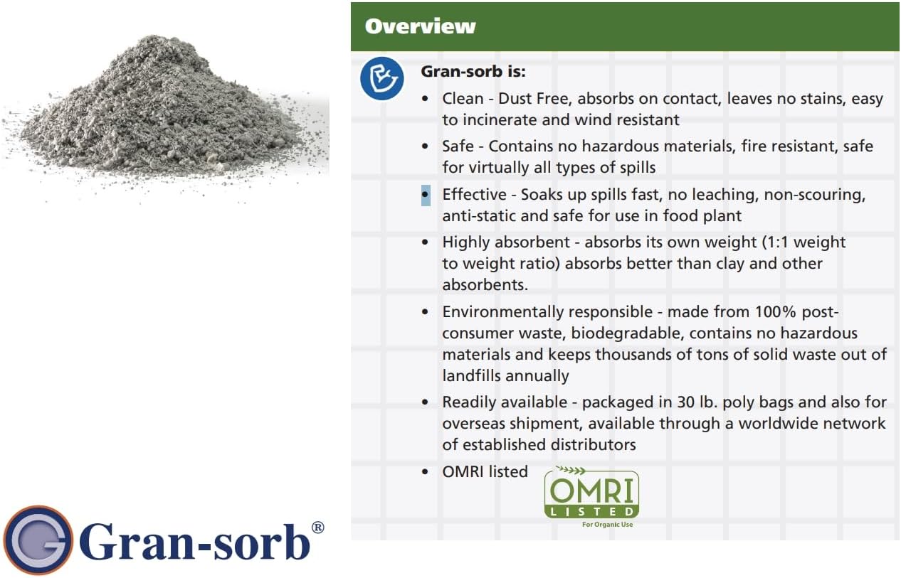 Gran-sorb Sorbent Granules Universal Granular Absorbent - Absorbs Oil & Water-Based Liquids, Solvents, Coolants, Petrochemicals - Absorbs Up to 4 Gallons, 30 lb. Bag - Pack of 1