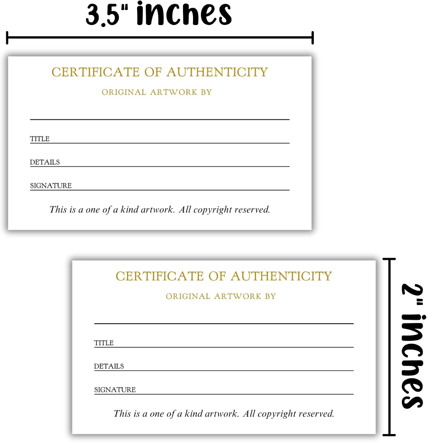 Certificate of Authenticity of Original Artwork 50pk 2x3.5” Cards Small Painter Collector Artist Gallery Collectible Fill In Certify Signature Name
