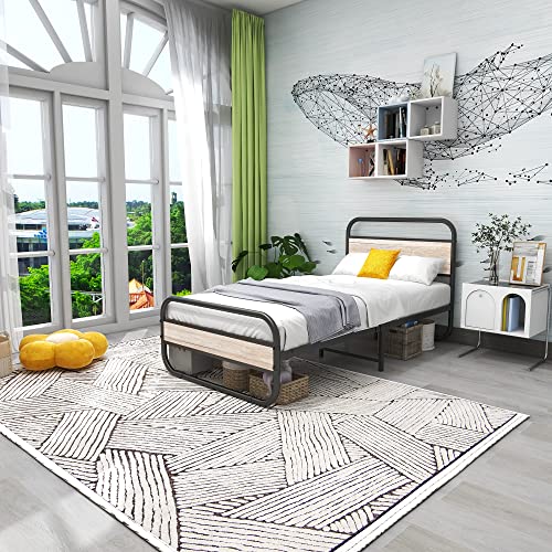 Albearing Metal Twin Size Bed Frame With Wooden Headboard And Footboard, Heavy Duty Oval-Shaped Platform Bed With Under-Bed Storage, Steel Slats Mattress Foundation Round Pipe Design #TOP2