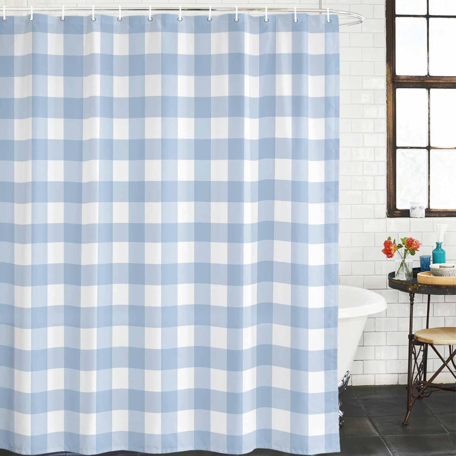Light Blue Plaid Shower Curtain Set - Long 72" x 84" Washable Bathtub Curtain with 12 Hooks, Modern Minimalist Country Waterproof Fabric Stall Shower Curtains for Bathroom/Bathtub Décor