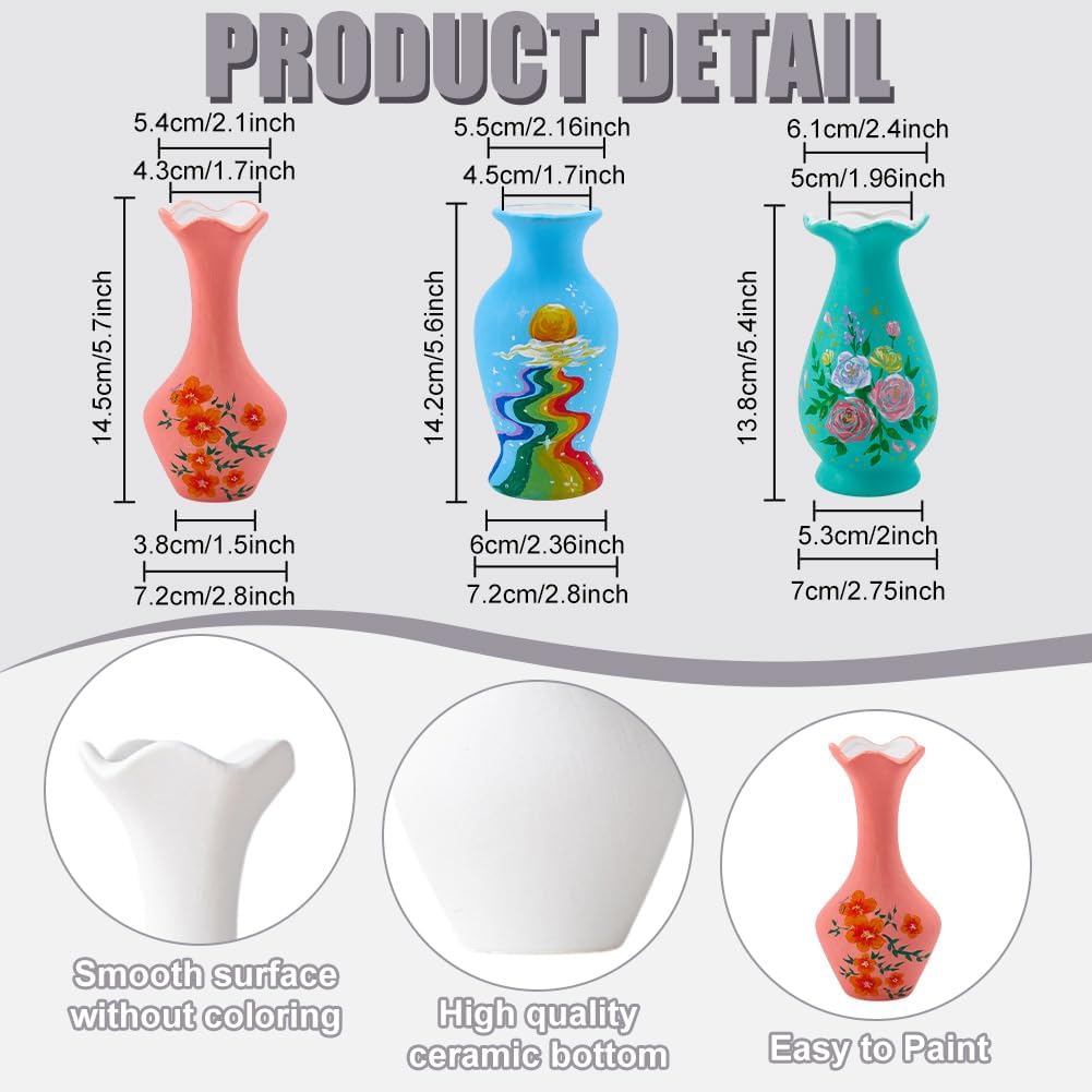 WEBEEDY 3 Sets Ceramic Vases Painting Kit for Adults Beginner Paint Your Own Flower Vase Craft Kit Unpainted White Ceramic Pottery Vase with Butterfly Flower Stencils, Paint, Brushes, Palette