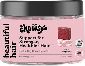 Chewsy - Beautiful Hair - Support for Stronger, Healthy Hair - with Biotin, Horsetail Extract, Goji Berry & Vitamins - Sweet Raspberry, 30-Day Supply