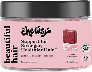 Chewsy - Beautiful Hair - Support for Stronger, Healthy Hair - with Biotin, Horsetail Extract, Goji Berry & Vitamins - Sweet Raspberry, 30-Day Supply
