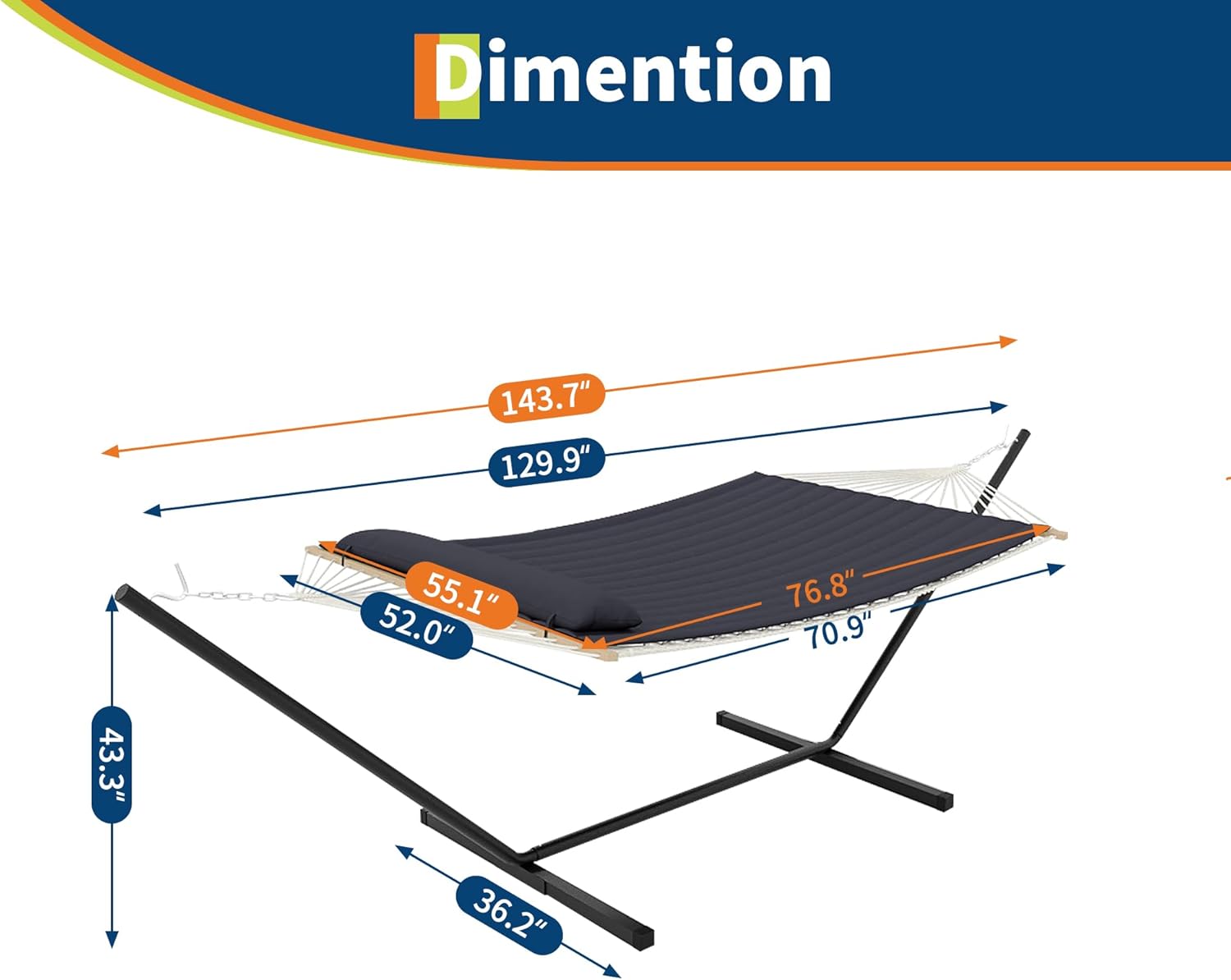 Adventure-Ready Double Hammock with Stand – 2 Person Heavys Duty 475 Lbs Capacity, Breathable Cotton Rope & Quilted Pad for Camping, Backyard, or Indoors (Dark Gray)
