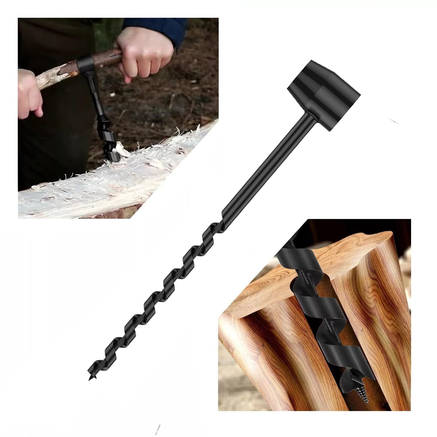 4 Pièces Tarière Manuelle,Portable Polyvalent Foret Hélicoïdale,pour La Survie en Plein Air,Le Camping,Les Travaux de Bushcraft(Noir)