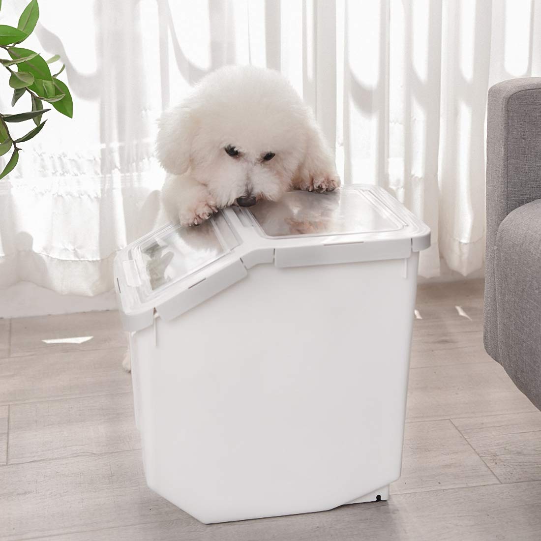 Contenedor de almacenamiento de alimentos de plástico de 10 kg con tapa y ruedas, organizador grande hermético para mascotas y cocina para perros y gatos, harina, cereales, incluye taza