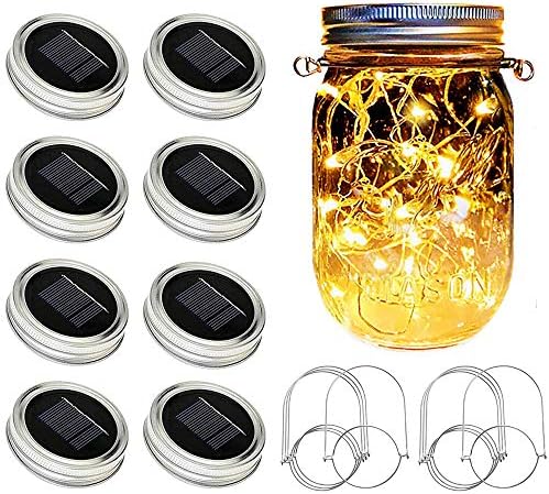 SunKite Solar Mason Jar Lights [Updated], 8 Pack 20 LED Waterproof Fairy Firefly Jar Lids String Lights with Hangers(NO Jars), Patio Yard Garden Wedding Decoration - Warm White