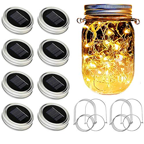 SunKite Solar Mason Jar Lights [Updated], 8 Pack 20 LED Waterproof Fairy Firefly Jar Lids String Lights with Hangers(NO Jars), Patio Yard Garden Wedding Decoration - Warm White by SunKite - Used condition - US$18.99