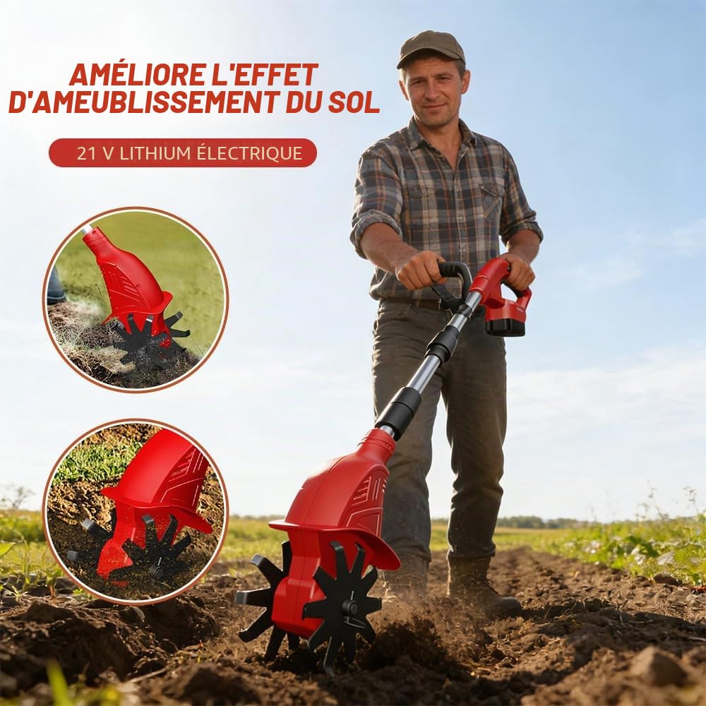 Motobineuse Électrique sans Fil, Motoculteur Électrique avec 2 Batteries de 3000 mAh, Largeur de Travail 25 cm, Profondeur de Labour 15 cm, Vitesse 360 TR/Min, pour Le Gazon, Le Potager et Le Jardin