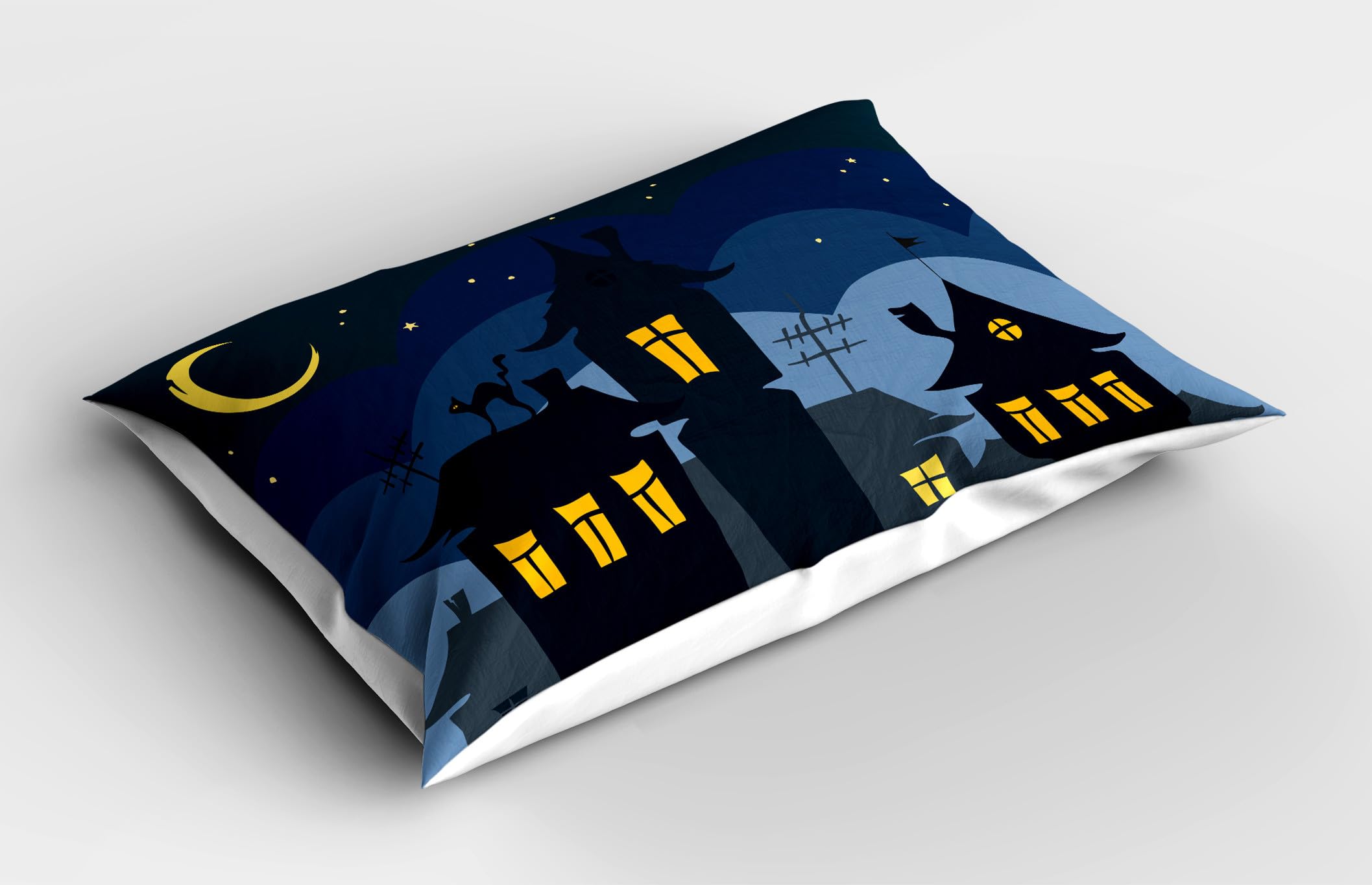 Ambesonne Halloween Pillow Sham Set of 2, Old Town with Cat on The Roof Night Sky Moon and Stars Houses Cartoon Art, Quality Microfiber Bedding Item for All Seasons, 36