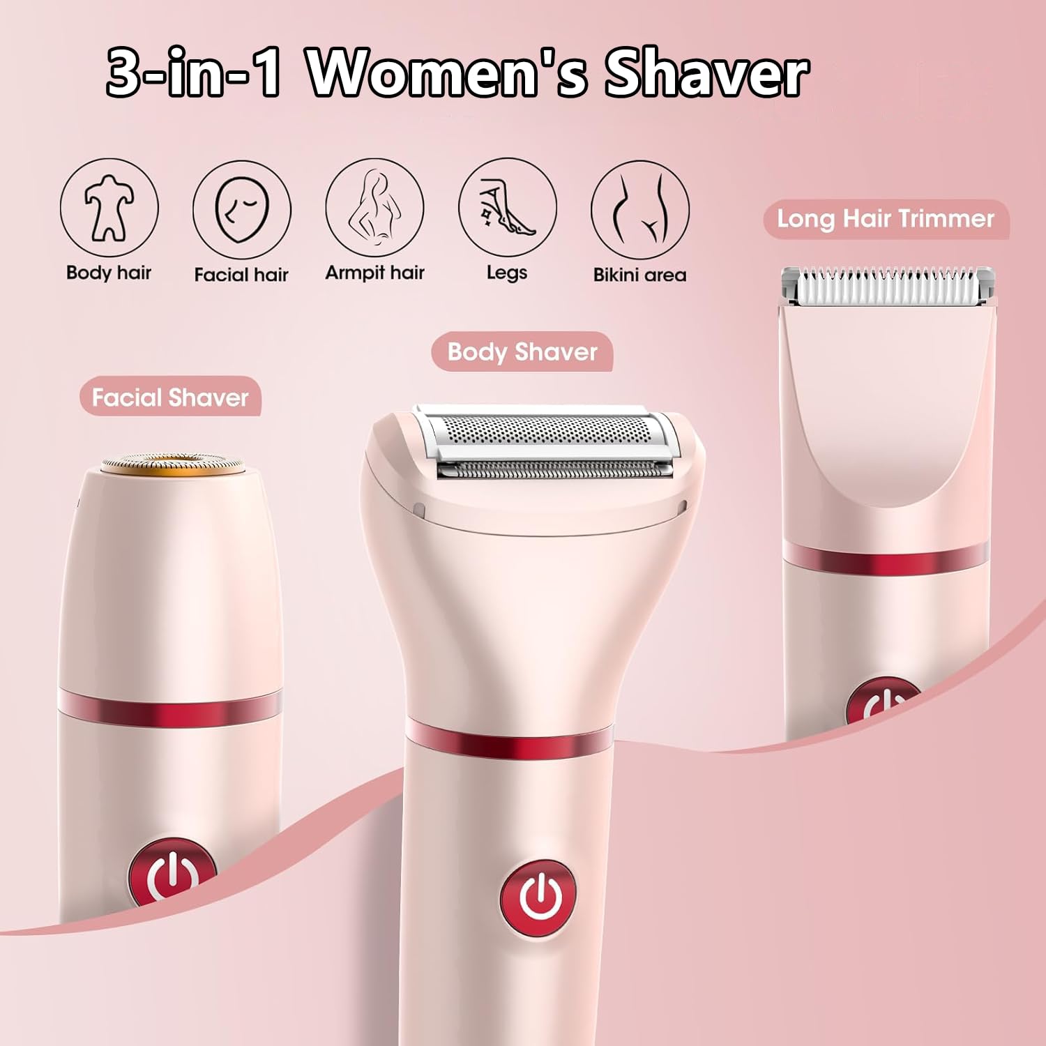 Rasoio Elettrico Donna, 3 in 1 Rasoio Donna Elettrico Senza Fili per corpo, gambe, peli pubici e viso, IPX6 impermeabile e USB ricaricabile