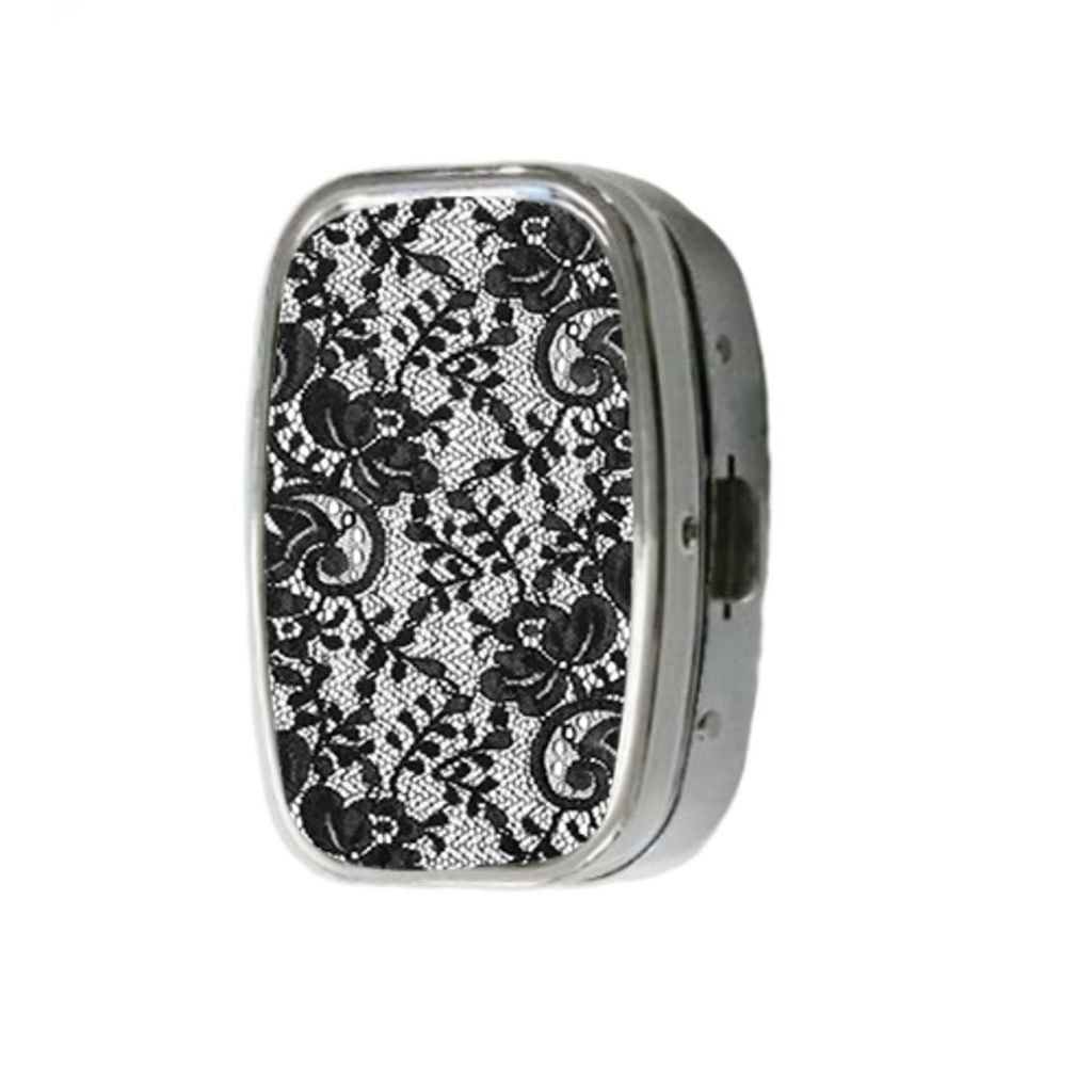 Black Lace-Look Custom Unique Silver Square Pill Box Medicine Tablet Organizer or Coin Purse