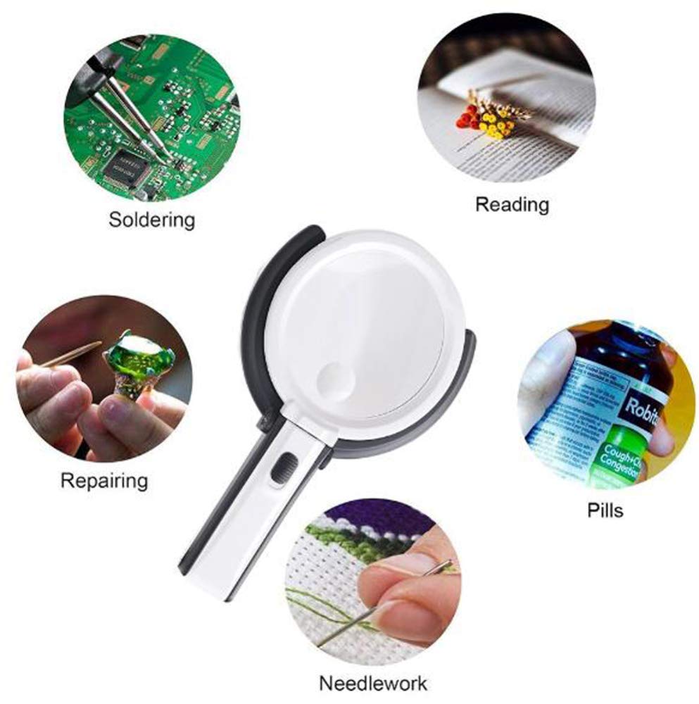 Faltbare, beleuchtete Handlupe mit 10 LEDs, 2- bis 5-fache Vergrößerung, superhohe Klarheit, leicht – Weiß und Schwarz, ideal zum Lesen und Schmuckbetrachten. Modisch.