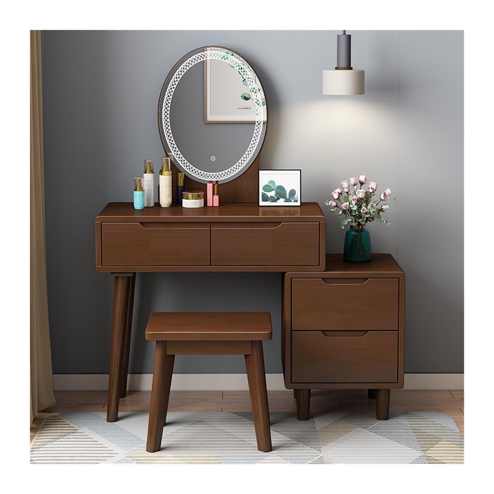 CGCSYZ Vanity Desk Vanity Desk With Mirror and Lights, Modern Wooden Vanity Makeup Table and Stool Set with 4 Drawers, Dressing Table Set for Bedroom Makeup Dressing Table (Walnut Color L 80cm)