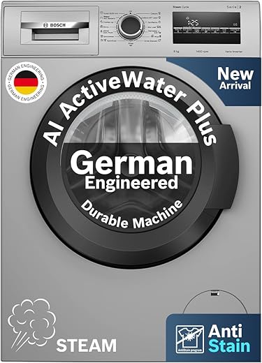 Bosch 8 kg 5 Star Fully-Automatic Front Loading Washing Machine (WAJ2826BIN, Shiny Silver, AI active water plus, In-Built Heater)