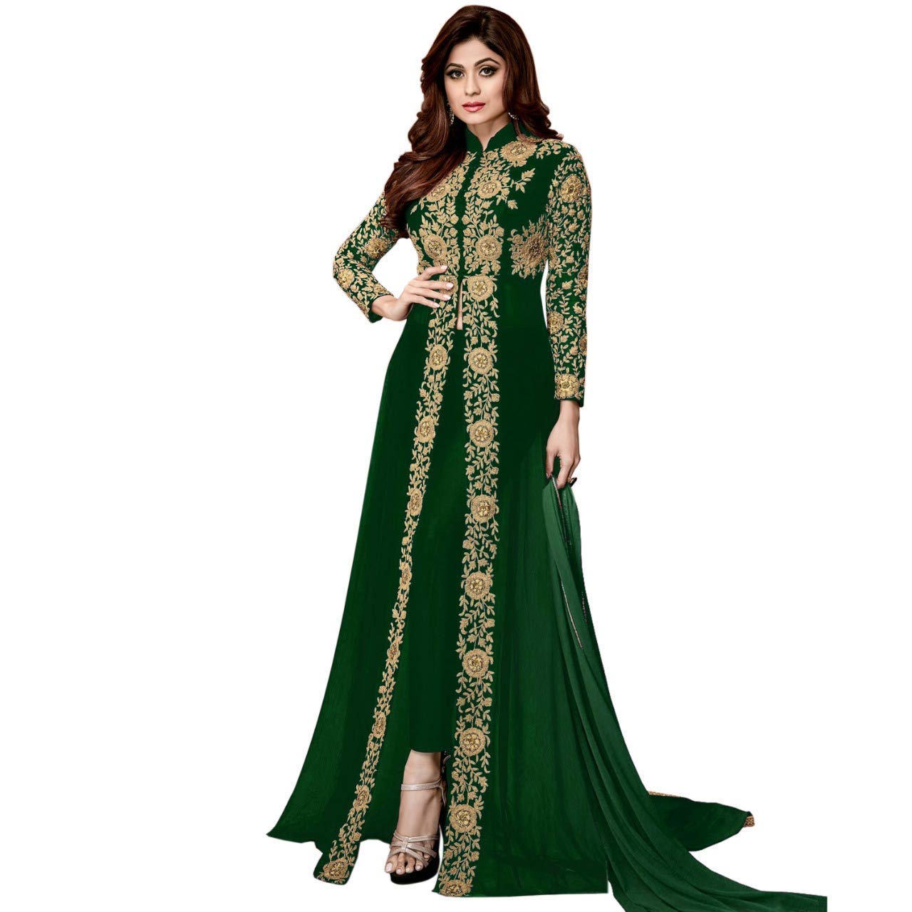 Florely Women's Anarkali Long Gown With Dupatta, Green, XXL