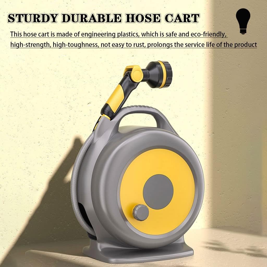 Carrete para manguera de agua, juego de herramientas de agua a alta presión, carrito portátil compacto para manguera de jardín, soporte integrado para mangueras de baño de mascotas (color: amarillo,