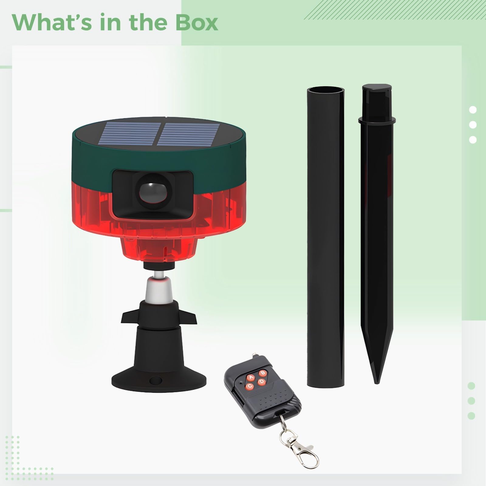 Detector de movimiento de alarma solar con sonido y control remoto, sirena de alarma para exteriores, sensor de movimiento infrarrojo de 360°, grabación de voz personalizada, luz de advertencia roja