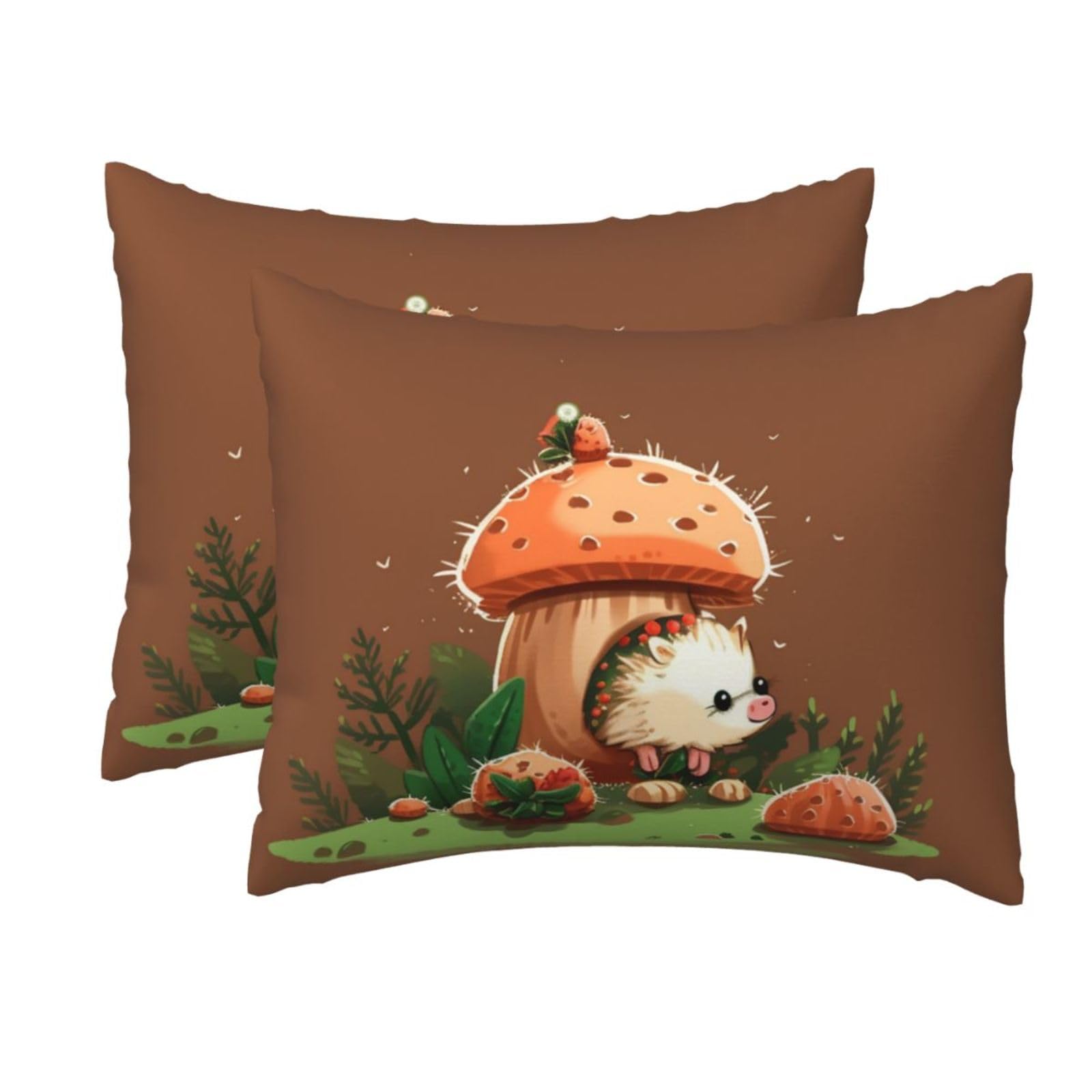 2 Pack Standard Size Pillow Cases for Hair and Skin Soft Breathable Pillow Case Covers with Hidden Zipper Hedgehog and Mushroom Pillowcase 20x26 Inches Pillow Cover for Sleeping Gift