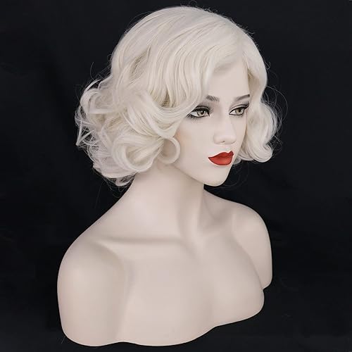Miniatura 2 de Peluca rubia rizada para mujer, peluca corta ondulada rubia resistente al calor, sintética de los años 60, para Halloween, cosplay, peluca (rubio)