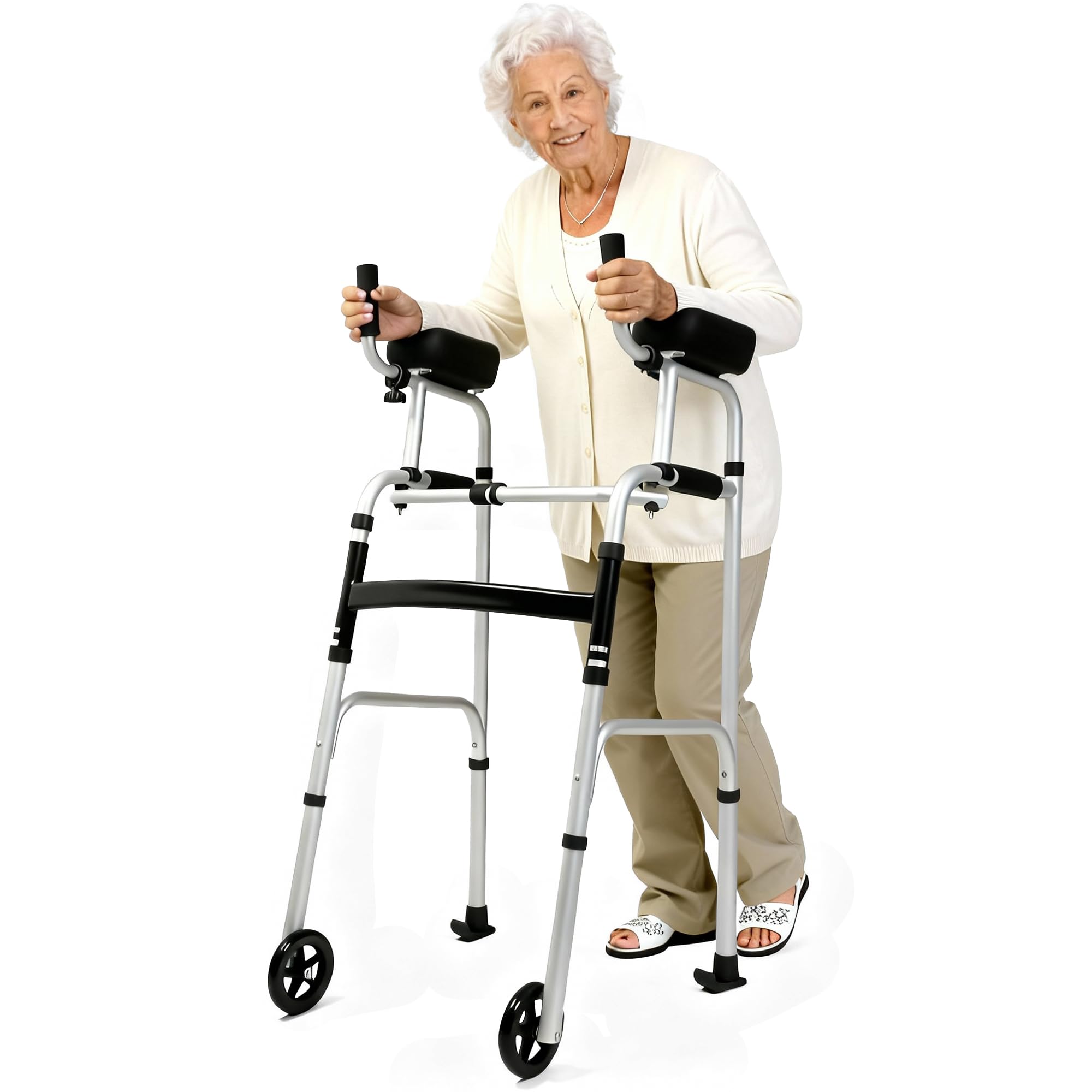 Pacha-stepura Walkers with Armrests Seniors Stand Upright Rolling Height Adjustable Stand Up Walker Stand Up Walker with Detachable Seat Rolling