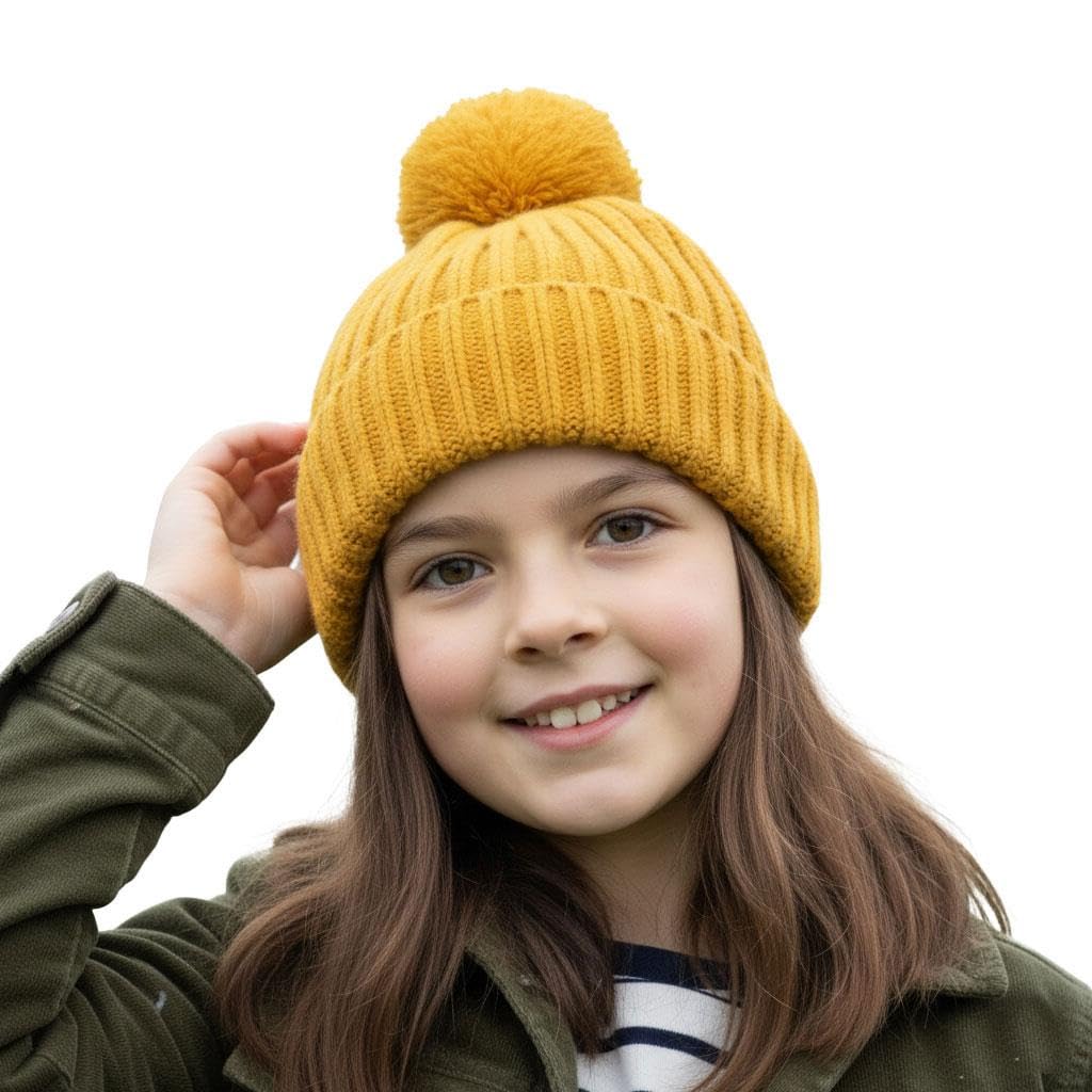 A2z 4 Kids Boys Yellow Girls Hats Ribbed Knitted Bobble Pom Pom Beanie - Hat Kh1028 7-10
