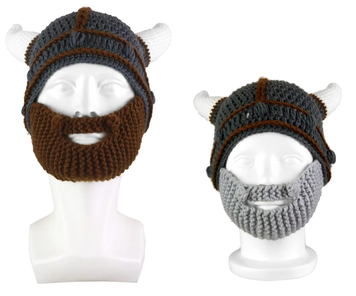 YEKEYI Handmade Knit Helmet and Removable Beard Barbarian Knight Knit Hat Viking Horns Beanie Funny Caps Gray