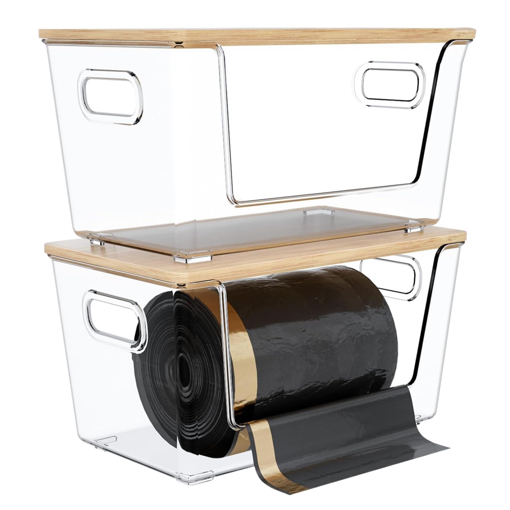 Dispensador de bolsas de basura, 2 unidades, gran capacidad, apilables, con frente abierto, con tapas de bambú y asa para organización de cocina, lavandería, soporte para bolsas de basura