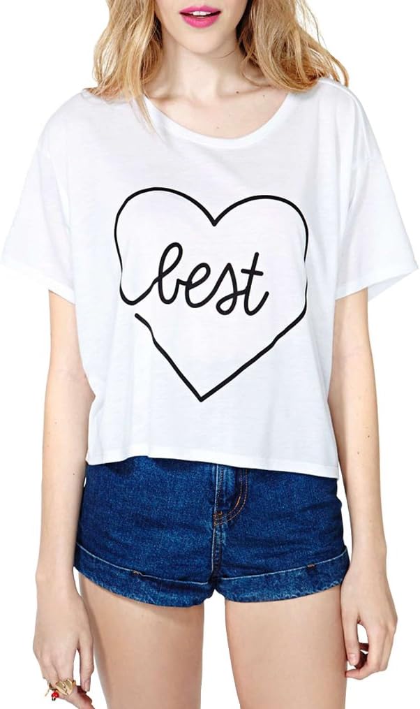 Oure Women Heart Pattern White Crewneck Loose Casual T Shirts Blouse (M, BEST)